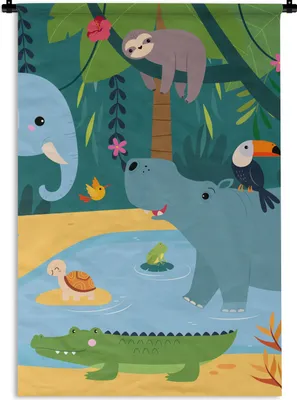 Produktbild von MuchoWow® Wandteppich Wandbehang Blumen - Tiere - Dschungel - Kinder 90x135 cm Tapisserie Dekoration Wandtuch - Baumwolle - Wandskulptur