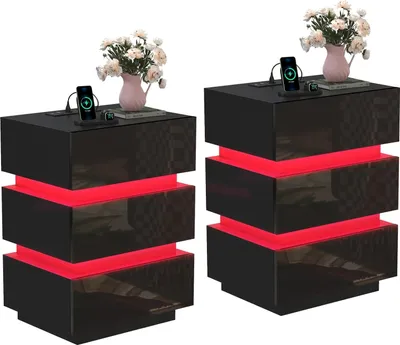 Produktbild von Nachttisch 2er Set Nachttisch mit Steckdose,LED Schwarz Hochglanz Nachtschrank,Schmal Beistelltisch Einheit Kommode für Schlafzimmer 45x35x61cm
