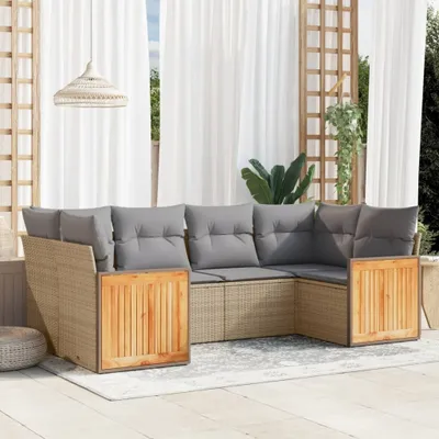 Produktbild von Design 6-tlg. Garten-Sofagarnitur mit Kissen Beige Poly Rattan, Gartenmöbel-Sets 2024 Neu