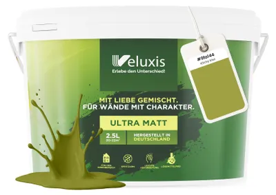 Produktbild von Wandfarbe Grün Gelb Gold Matt Innenfarbe – Deckkraft Klasse 1, VOC-frei, Ohne Grundierung, Tropfarm – Wohnzimmer & Schlafzimmer – 2,5L – Veluxis (Kitchy Kiwi)