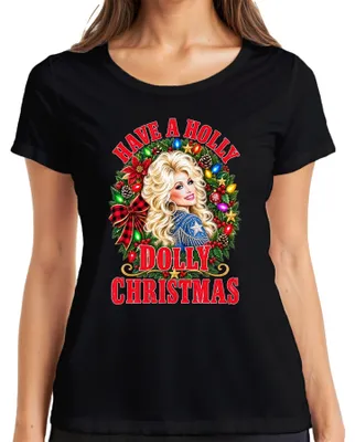 Obrázok produktu pre Tričko s potlačou "Have A Holly Dolly Christmas" v štýle country hudby, s motívom Vianoc a Dolly Parton, čierna farba, veľkosť L