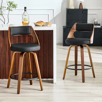 Zdjęcie produktu dla Zestaw 2 krzeseł barowych, czarny/brązowy, obicie z PU, drewno, wysokość 92 cm, ergonomiczny design, styl retro, metalowy pierścień na nogach, krzesło barowe, krzesło do baru, kolor czarny