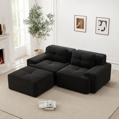 Produktbild von Boneless Modulsofa, Modernes L-förmiges Modulsofa für Wohnzimmer, bequemes Corduroy-Cloud-Sofa mit Ottoman, Getuftetes Zweisitzer-Schlafsofa, Schwarz