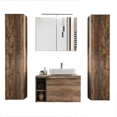 Produktbild von Badezimmermöbel Set in Vintage Oak Eiche PUEBLA-56 80cm Waschtischunterschrank mit Keramik-Waschbecken, LED-Spiegelschrank & 2 Hochschränke B/H/T 190/200/46 cm