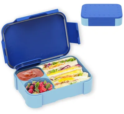 Image de Boîte à lunch pour enfants avec compartiments, boîte à bento étanche de 900 ml, boîte à lunch pour enfants, compartiments étanches, boîte à goûter, boîte à lunch pour filles et garçons, passe au micro-ondes et au lave-vaisselle (bleu)