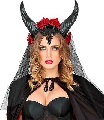 Image de W WIDMANN MILANO Party Fashion 68568 - Voile de mariée avec cornes, roses, dentelle et pierre précieuse, Halloween, Accessoire