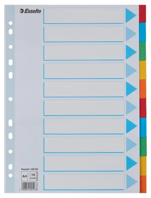 Produktbild von Esselte A4 Ordner-Register, 10er-Set mit je 10 farbigen Trennblättern und einem