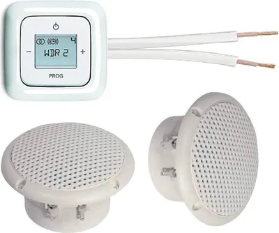 Produktbild von Busch Jäger Unterputz Radio Unterputzradio 8215 U (8215U) alpinweiß Komplett-Set Reflex SI + 2 x Deckenlautsprecher (Feuchtraum/Badezimmer) Einbaulautsprecher + Radioeinheit + Bedienelement + Rahmen + 20 m Lautsprecherkabel