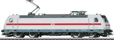 A side view of a model electric locomotive.
