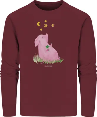 Produktbild von Mr. & Mrs. Panda Baumwoll Sweatshirt Schwein Glück Größe M - Burgundy - Geschenk, Glücksbringer, Pullover, Bio, Träume, Lustige Sprüche, Ziele, Pulli, Sterne, Motivation