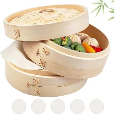 Produktbild von Dampfgarer Bambus,2 Etagen Bambus-Dämpfer Mit Deckel, 5 Baumwolltüchern für Sim Sum Dumplings, Gemüse, Reis, Fleisch Und Fisch, Ø 20 cm
