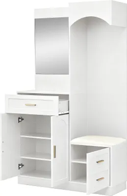 Produktbild von Merax Kompaktgarderobe mit Spiegel, verstellbare Einlegeböden, Garderobenschrank mit Schuhschrank und Schuhbank, multifunktionale Aufbewahrung,Weiß