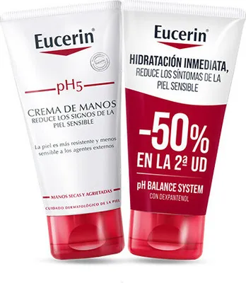 Two Eucerin hand cream tubes are shown side-by-side against a white background.