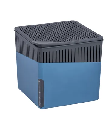 A blue and gray dehumidifier cube with a perforated top.