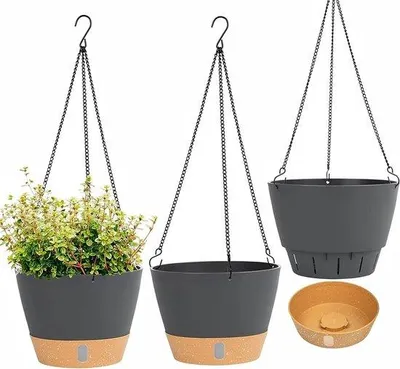 Immagine prodotto di Vasi da giardino - Fioriere per piante Vaso da fiori sospeso, set da 3 pezzi, con sistema di auto-irrigazione, fori di drenaggio, ganci a catena, per interni ed esterni, grigio-nero