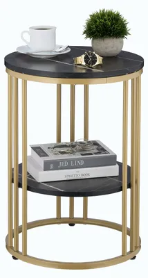 Zdjęcie produktu dla Relaxdays – stolik pomocniczy o wyglądzie marmuru, 2 półki, do salonu, metal i MDF, okrągły stolik pod sofę, wys. x gł. 56 x 40 cm, czarny/złoty, Obraz wygenerowany przez AI