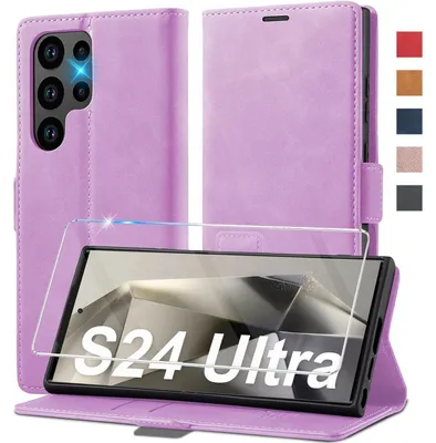 Immagine prodotto di Custodia a libro in ecopelle per Samsung Galaxy S24 Ultra 5G, colore viola, con pellicola protettiva