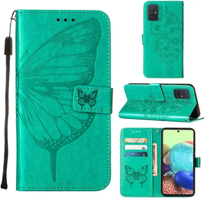 Produktbild von Galaxy A71 5G Hülle, Schmetterling Prägung Flip Leder Kartenfächer Schutzhülle Ledertasche mit Ständer für Samsung Galaxy A71 5G Grün
