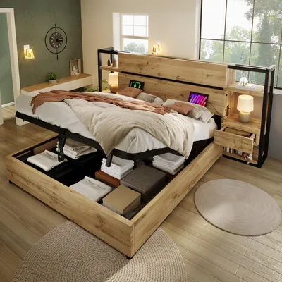 A bedroom with a bed that has storage underneath, a headboard with shelves, and a nightstand.