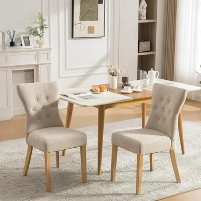 Produktbild von okwish 2er-Set Moderne Esszimmerstühle mit Rückenlehne Posterstuhl mit Massivholzbeinen und Nietenverzierung Ergonomisches Design Beige