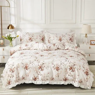 Produktbild von Famanu Bettwäsche 155 x 220 cm 2-teilig weiß braun Blumen Rüschen umkehrbar - mit Reißverschluss