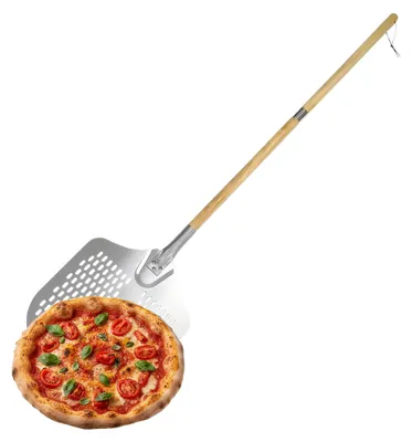 Pizzaschepfer, perforiert, 2-in-1 Holzgriff, silber, 132 cm
