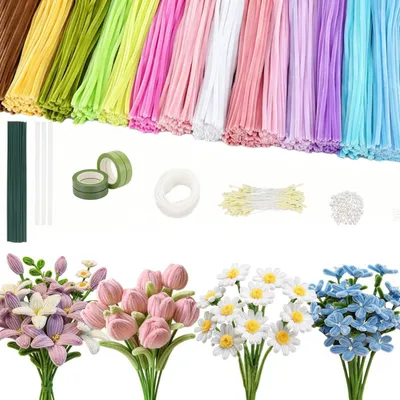 Produktbild von Pfeifenreiniger Blumen Set 1000 Stück 14 Pastellfarben mit 60 Blumenstielen DIY Deko Geschenkband Klebeband