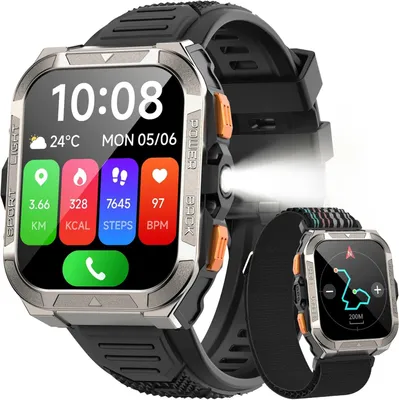 IOWODO Militär-Smartwatch Herren mit GPS, ChatGPT, 7 Tage Akku, Bluetooth Telefonie, 100+ Sportmodi, 900mAh, Kompass, Taschenlampe, IP68 wasserdicht