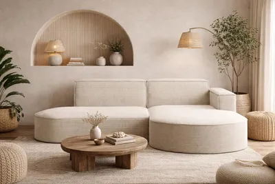 A modern living room with a sectional sofa, coffee table, and floor lamp.