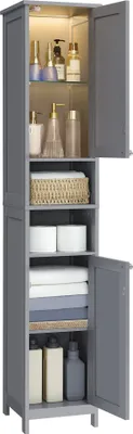 A tall, gray bathroom cabinet with its doors open, displaying various items on its shelves.