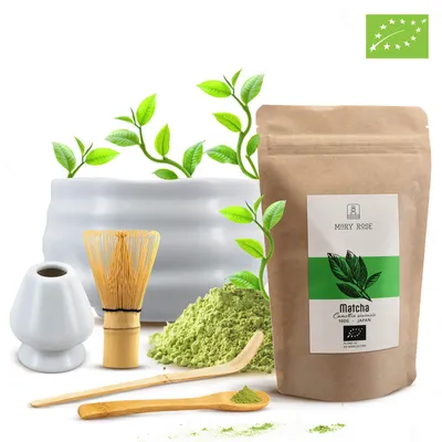 Produktbild von Mary Rose - Matcha Tee Set 100g - Keramik Schale Matchawan Yuki 500ml - Weiß Kusenaoshi Halter - Japanischer Grüntee Pulver Mit Chasen