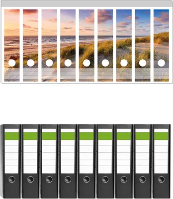 Produktbild von Wallario 9 Stück breite Ordner inkl. Klebeetiketten mit Motive Abendspaziergang am Strand - Sonnenuntergang über dem Meer -  Set mit Rückenschildern / Ordnerrücken Stickern