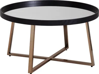 Couchtisch Rund Ø78cm mit runder Spiegelglasplatte in Dunkel-Gold und schwarzem Metallgestell, Gesamtansicht.