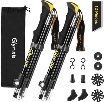 Produktbild von Glymnis Wanderstöcke Trekkingstöcke Walking Stöcke verstellbar 110-130cm Klemmverschluss mit 4 Paar Gummipuffers für Trekking / gelb