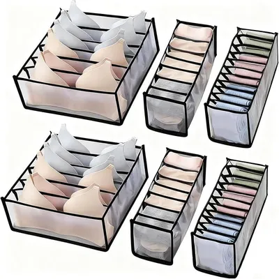 Produktbild von PolkaHome® 6er Set Schubladen-Organizer, Netz-Organizer, Faltbare Aufbewahrungsboxen mit Fächern für Unterwäsche, Socken, Krawatten,