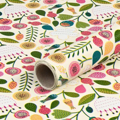 Produktbild von Geschenkpapier Blumen mit Grußfeldern, Creme, 0,7 x 10 m - Geburtstag