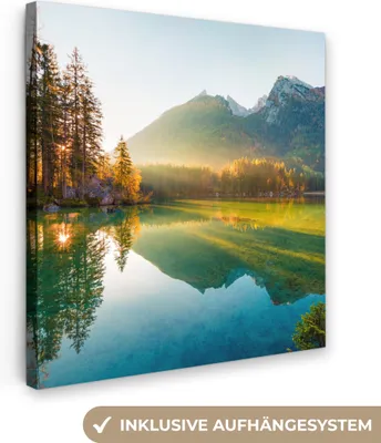 Obrázek produktu pro OneMillionCanvasses® - Obraz na plátně - Jezero - Les - Hory - Příroda - Slunce - Krajina, nástěnná malba, nástěnné dekorace obrazy obývací pokoj, 90x90cm