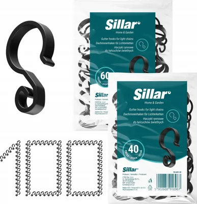 A collage of black gutter hooks for light chains, with packaging and a single hook shown.