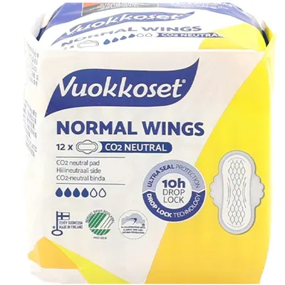 Zdjęcie produktu dla Podpaski Vuokkoset WHITE NORMAL WINGS 12 szt. | Ze Skrzydełkami, Ochrona do 10h | Ultracienkie, Hipoalergiczne