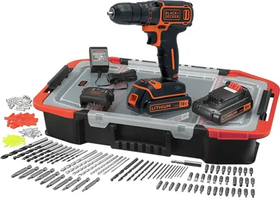 Produktbild von BLACK & DECKER 18V Lithium-Akku-Bohrmaschine - 2 x 1,5 Ah Akkus - Box mit 160 Zubehör -BDCDC18BAST