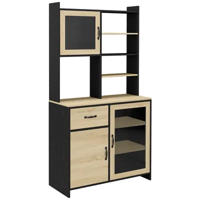Image de Armoire de cuisine HOMCOM, buffet, meuble de rangement avec 1 tiroir, 3 étagères, 2 portes vitrées – 90 x 39 x 177 cm, noir naturel