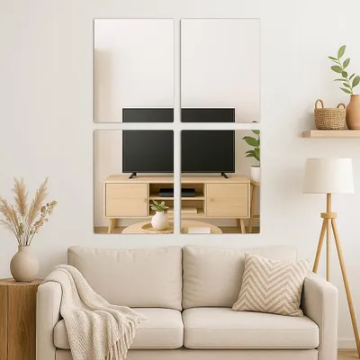 A living room scene featuring a sofa, a TV stand with a TV, and decorative elements, with the product integrated into the wall decor.