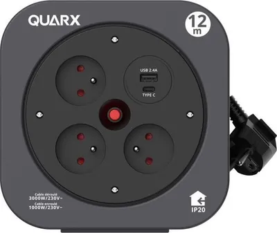 Obrázok produktu pre Káblový bubon QUARX S-Box, 12 m kábel, 3 zásuvky 16 A, USB typ A a C, 3000 W