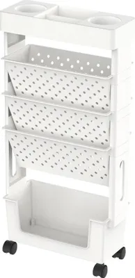 Image de Étagère mobile sur roulettes - Rangement mobile à 5 niveaux - Étagère en plastique pliable - Grande capacité - Idéale pour le bureau, la salle de classe, le salon - Blanche