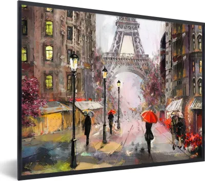 Produktbild von MuchoWow® Gerahmtes Poster Gemälde - Paris - Eiffelturm - Regenschirm - Ölgemälde 40x30 cm - Poster mit Schwarzem Bilderrahmen Wandposter Rahmen Foto Bilder - Kunstposter - Wanddekorationen