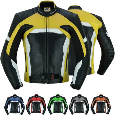 Produktbild von Herren Motorrad Lederjacke Motorradjacke mit Protektoren, Farbe:Gelb, Größe:46/XS