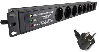 Productafbeelding van Stekkerdoos 19 inch rack - 8-voudig - Met overspanningsbeveiliging - Aluminium - 16 A - Zwart