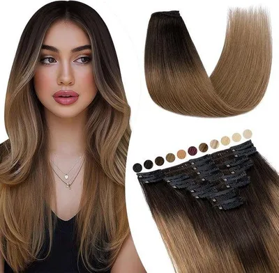 Produktbild von Elailite Clip-In Haarverlängerungen, Echthaar, 8 Strähnen, 30 cm, 55 g, glattes Haar, Haarverlängerung #2T6