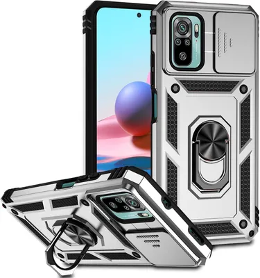 Produktbild von Redmi Note 10S Hülle mit Schiebe Kamera Schutz und Ringhalter Ständer Robust Rüstung Schutzhülle für Xiaomi Redmi Note 10 4G/ Note 10S Silber