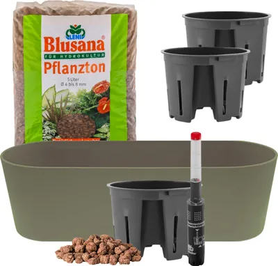 Produktbild von Leni Flori Jardiniere Blumentopf länglich 36 cm kapern / grün Hydrokultur-Komplett-Set mit Übertopf Hydro-Töpfen Wasserstandsanzeiger & Pflanzton
